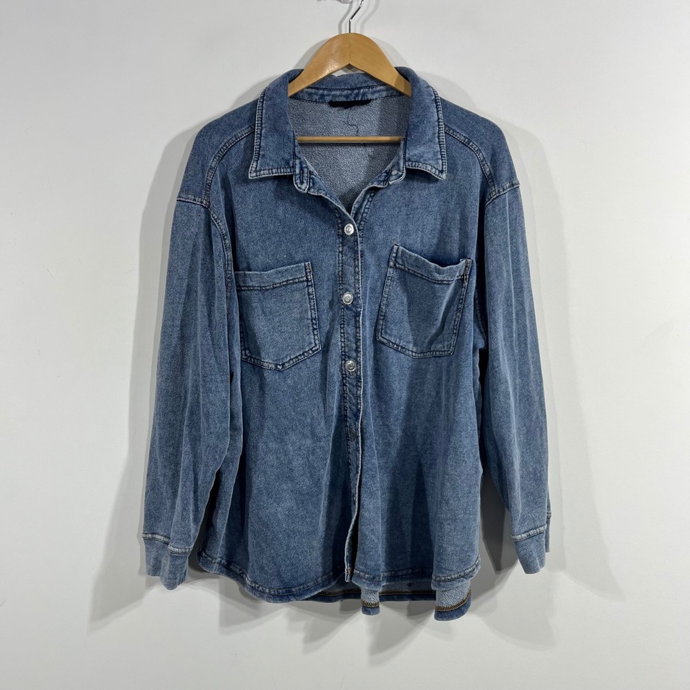 Jane Delancey Western Boho Denim Look French Terry Button Down Shirt Womens 3X